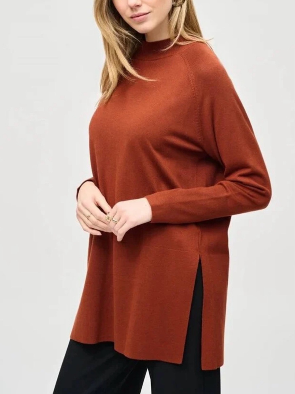 Joseph Ribkoff Mock Neck Tunic Sweater Size Large Brown Longline Quiet Luxury